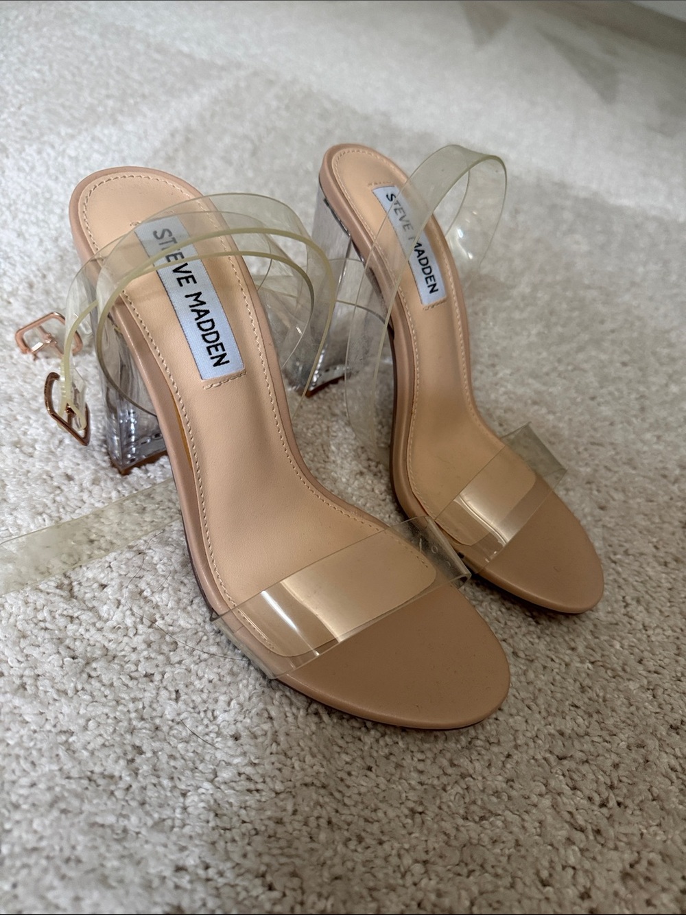 Steve Madden Clear Strappy Nude Block Heels